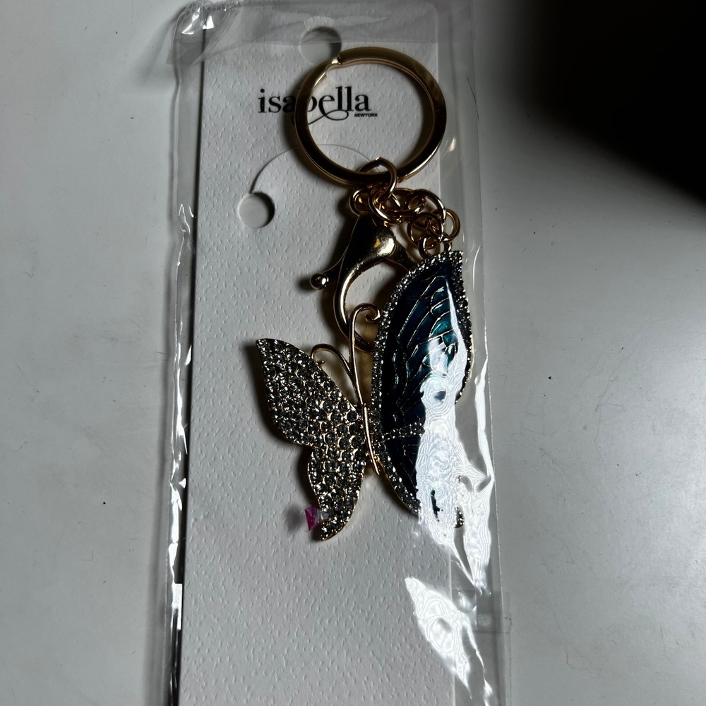 Isabella New York Butterfly Keychain Teal Gold Rhinestone Bag Charm NWT